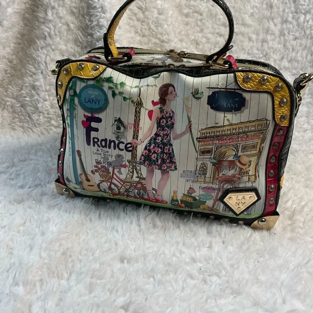 Kanu vintage multi color satchel/ shoulder bag gold tone and rhinestone accents